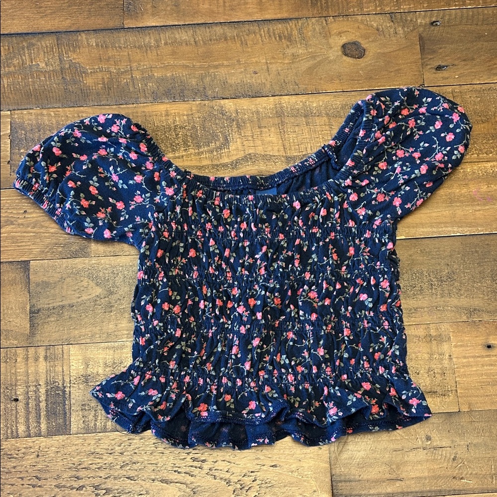 Old Navy Navy Blue Floral Smocked Top